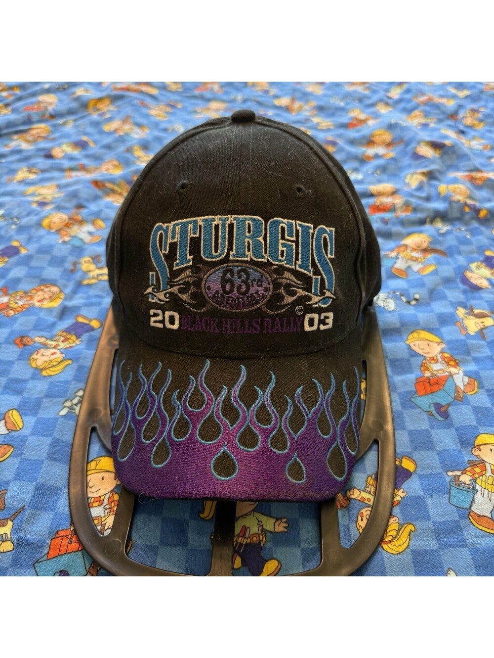 Vintage 2003 RARE Sturgis Blue Purple Flame Strapback Biker Cap Hat OSFM